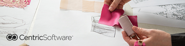 A person is holding pink fabric swatches and a spool of thread over sketches and design materials on a desk. There are also other fabric pieces, lace, and paper scattered around. The image features the Centric Software logo in the lower left corner. This setup seems designed to optimise creativity for Le Coq Sportif projects.