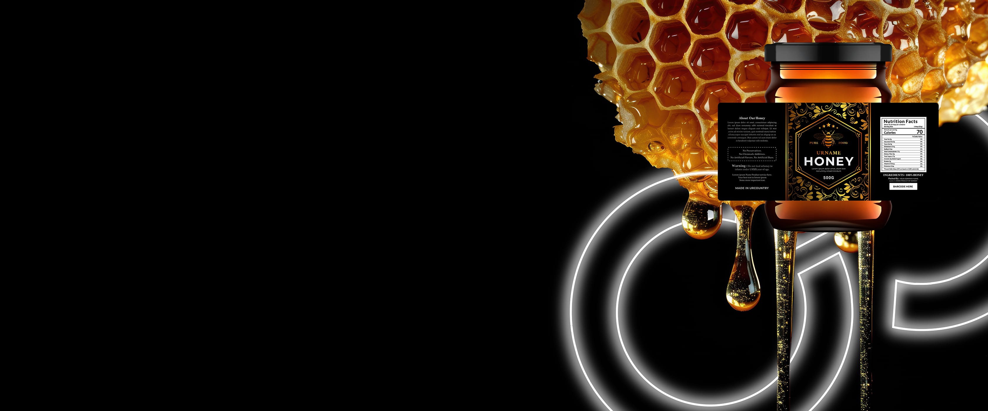 A jar of honey with black and gold labels stands in front of a dripping honeycomb and white neon rings, all set against a black background—an ideal centerpiece for a Product Launch, with visible nutritional info and product details on the jar.