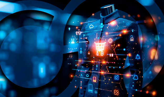 Digital mannequin displaying a smart jacket with glowing data icons representing e-commerce and technology integration.