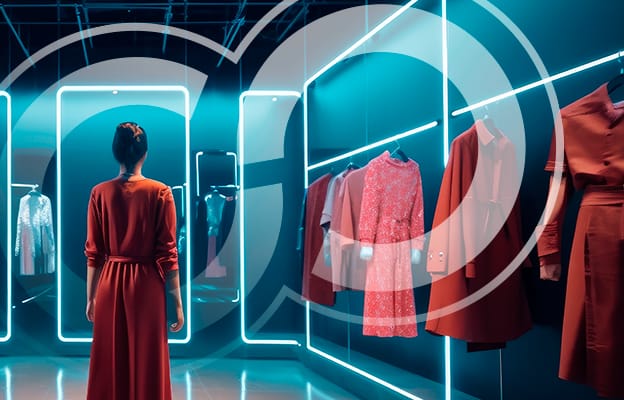 Woman in Red Dress Looking at Clothing Hanging Up on Racks