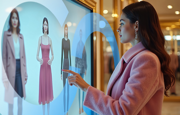 Woman using touch screen looking at clothing sketches