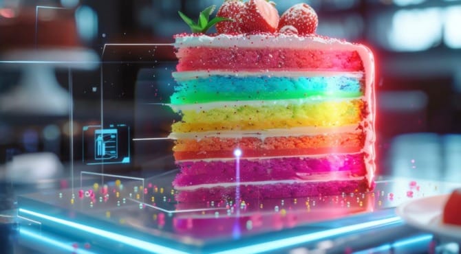 A vibrant, multi-layered rainbow cake adorned with strawberries on top, symbolizing the colorful journey of overcoming 2025's product development challenges. Displayed on a futuristic platform with holographic effects and scattered sprinkles, it represents sustainable innovation and creativity.