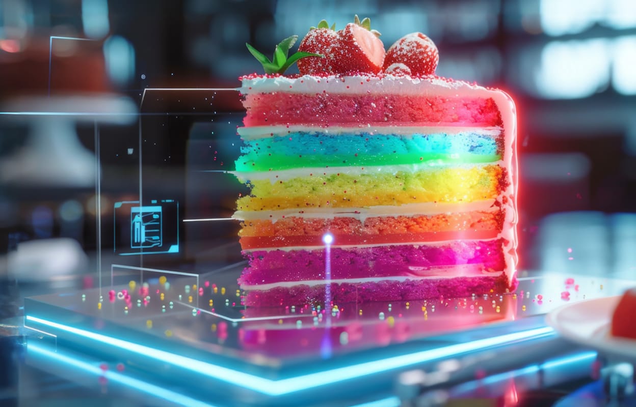 A vibrant, multi-layered rainbow cake adorned with strawberries on top, symbolizing the colorful journey of overcoming 2025's product development challenges. Displayed on a futuristic platform with holographic effects and scattered sprinkles, it represents sustainable innovation and creativity.
