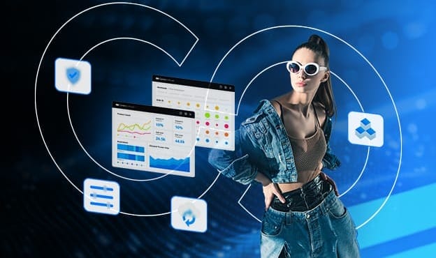 A person wearing stylish denim clothing and sunglasses stands confidently. Surrounding them are floating digital interfaces detailing product development challenges to solve in 2025 sustainably, set against a blue, tech-themed background with circuit patterns and icons.
