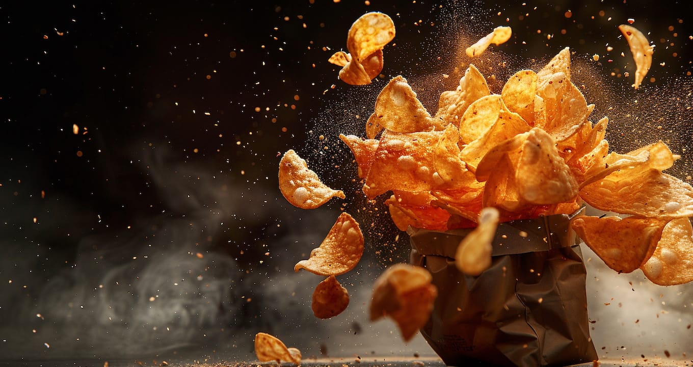A dramatic explosion of potato chips bursting out of an open bag against a dark background illustrates one of the 3 product development challenges you must solve in 2025—crafting sustainable packaging. The chips are captured mid-air, with crumbs and seasoning visibly scattering around, creating a dynamic and appetizing scene.