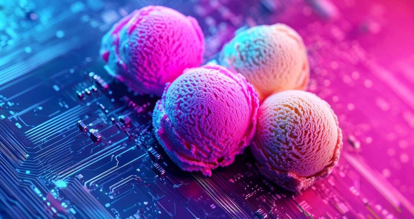 Scoops of colorful ice cream sit on a computer circuit board, blending technology with a vibrant, surreal aesthetic. The scene playfully hints at the 3 product development challenges you must solve in 2025, illuminated by pink and blue lighting for a futuristic and whimsical effect.
