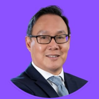 A person wearing glasses and a suit with a tie is smiling, embodying the sophistication of AI innovation. The background is solid purple, adding a touch of elegance.