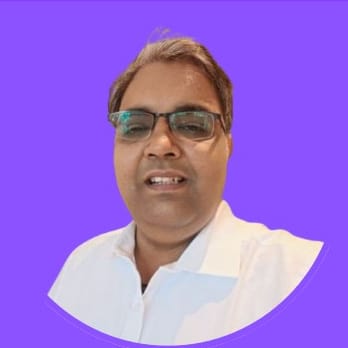 Person with glasses and short hair wearing a white shirt, set against a solid purple background, smiling at the camera, embodying the spirit of digital transformation.