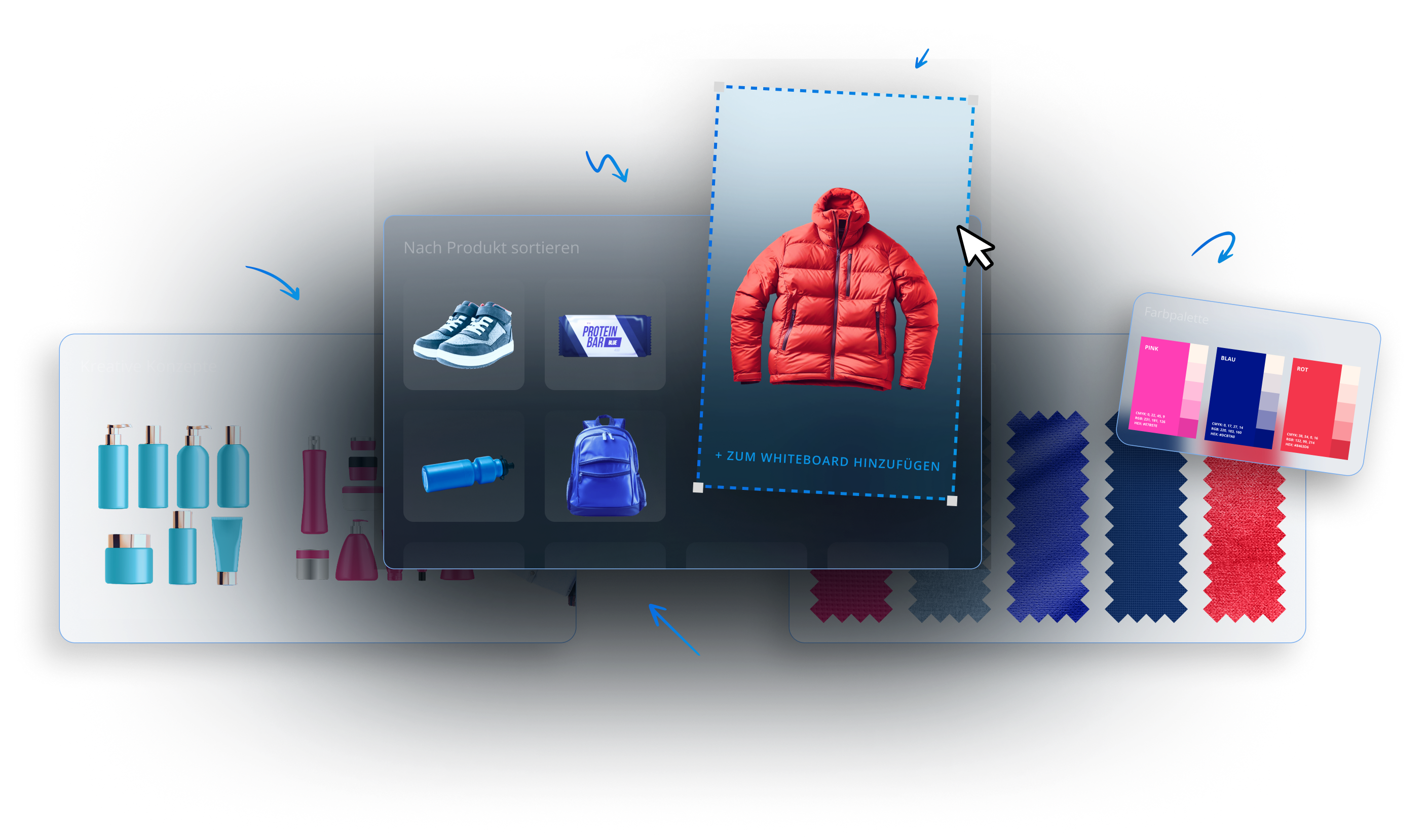 Eine digitale Collage auf einem Visual Whiteboard zeigt eine rote Pufferjacke, Sortieroptionen mit Schuhen und Taschen, kreative Konzepte mit Flaschen und Farbpaletten – perfekt zur Veranschaulichung von Modedesign- oder Produktplanungsoberflächen.