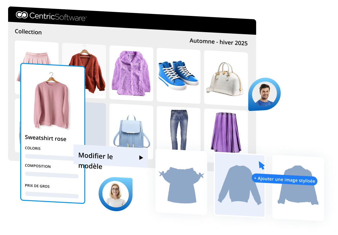 Une interface de tableau blanc visuel présente une collection de mode automne-hiver 2025, avec des images de vêtements et d'accessoires. Un sweat-shirt rose est mis en valeur, avec des options de modification ou d'ajout d'images stylisées.