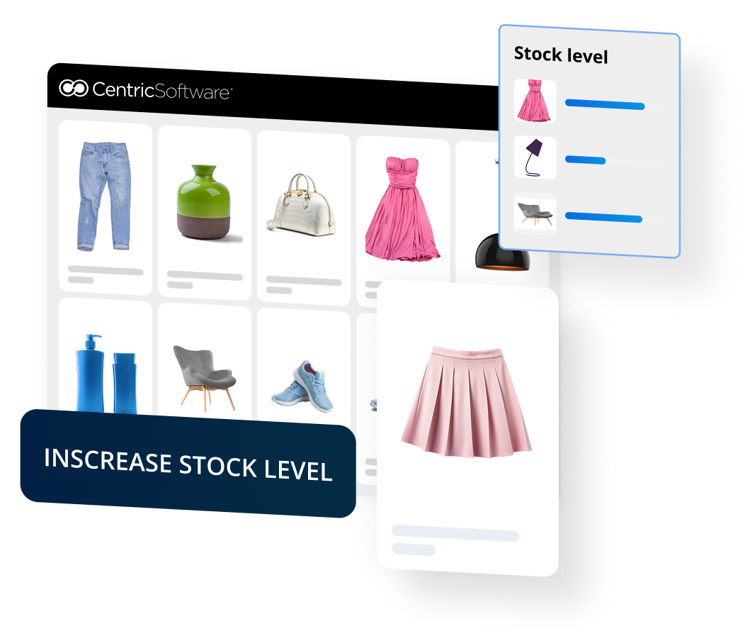 Une interface de tableau blanc visuel numérique affiche des produits tels que des jeans, un vase et des vêtements, avec des fenêtres contextuelles affichant des indicateurs de niveau de stock et un bouton intitulé « AUGMENTER LE NIVEAU DE STOCK ».
