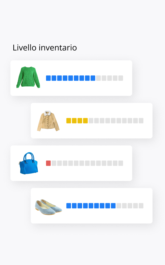Una dashboard denominata "Livello inventario" mostra i livelli di inventario e l'allocazione per un maglione verde (pieno), una giacca beige (basso), una borsa blu (vuota) e delle scarpe blu (medie) con indicatori a barre colorate.