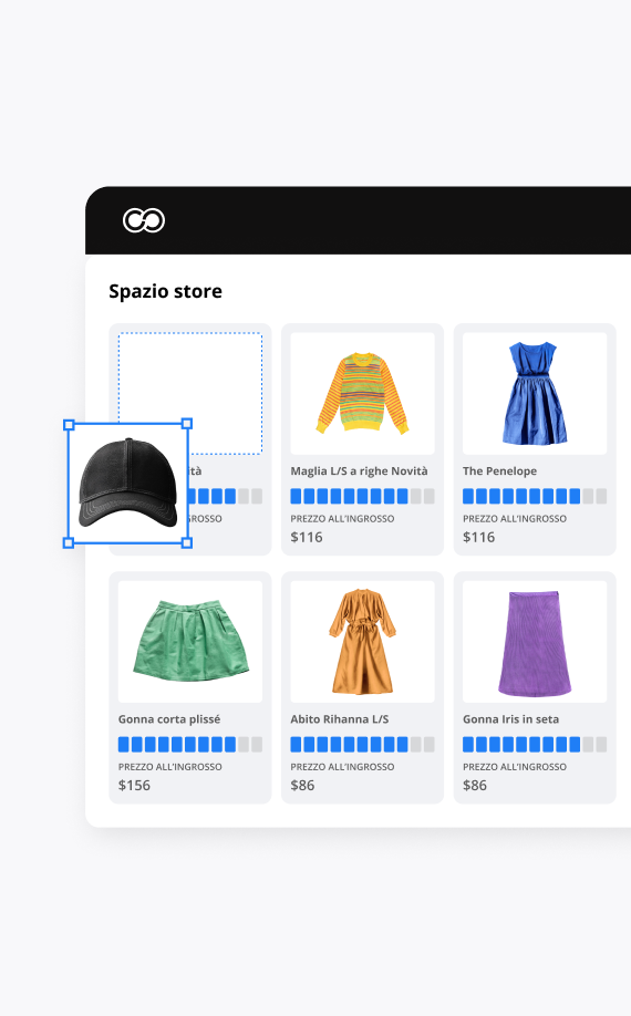 Un'interfaccia di negozio digitale, basata su un software di inventario, mostra vari articoli di abbigliamento e un berretto nero. Ogni articolo mostra un'immagine, il prezzo e una barra di valutazione blu. Il berretto nero è evidenziato da un riquadro di selezione blu.