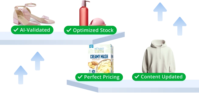Shelves display shoes labeled "AI-Validated," a bottle tagged "Optimized Stock," a food box with "Perfect Pricing," and a hoodie marked "Content Updated," each with blue upward arrows—showcasing the impact of Digital Shelf Analytics.